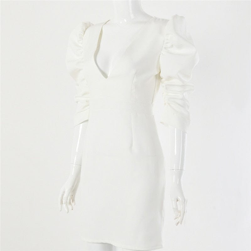 Biała sukienka mini z bufiastymi rękawami-Bossino