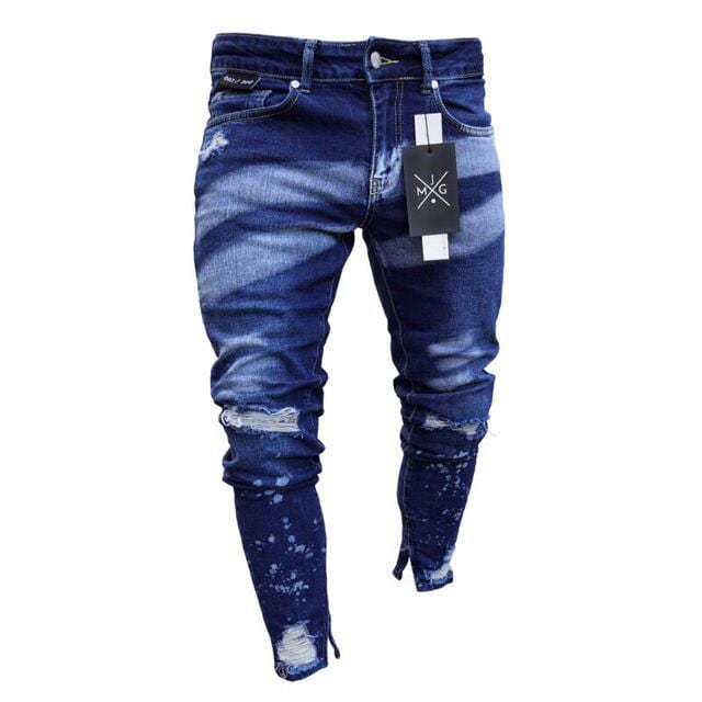 Dopasowane męskie jeansy z przetarciami i dziurami-Bossino