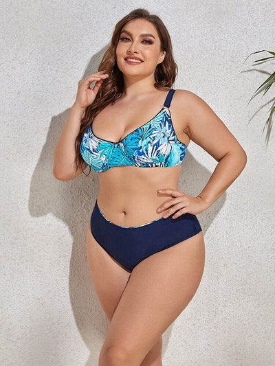 Dwuczęściowe bikini plus size z roślinnym motywem-Bossino