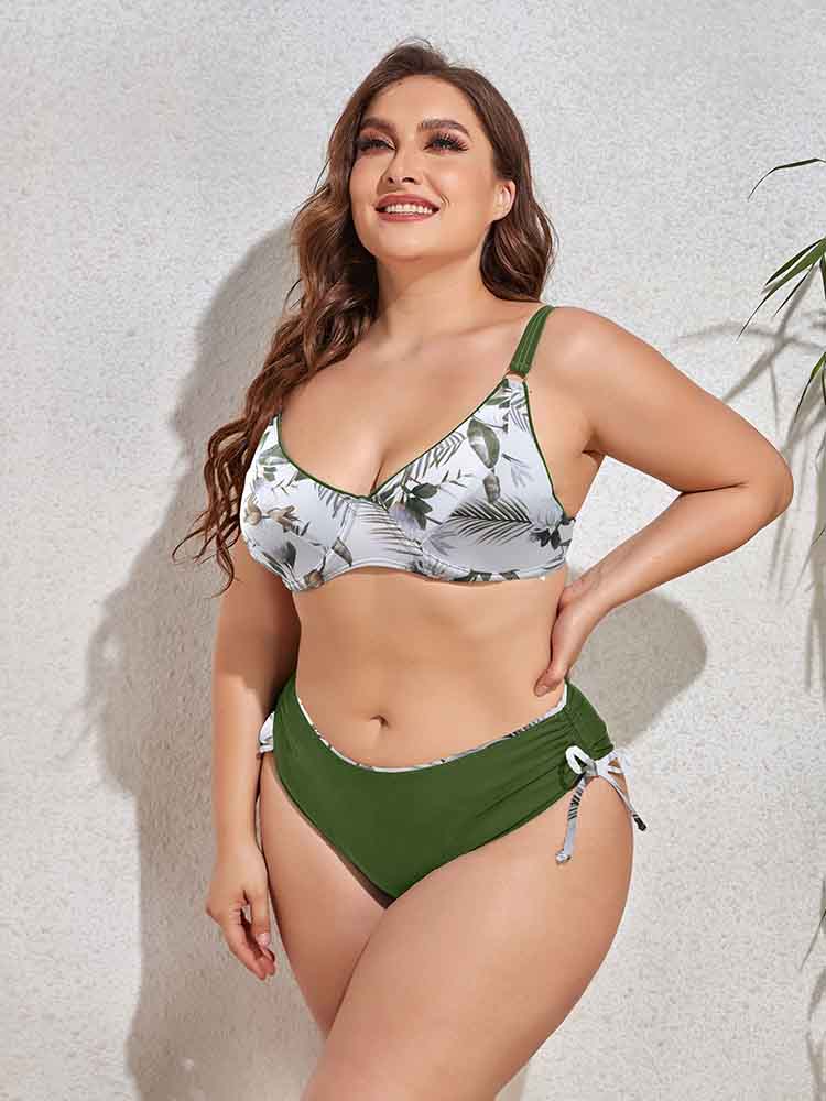 Dwuczęściowe bikini plus size z roślinnym motywem-Bossino