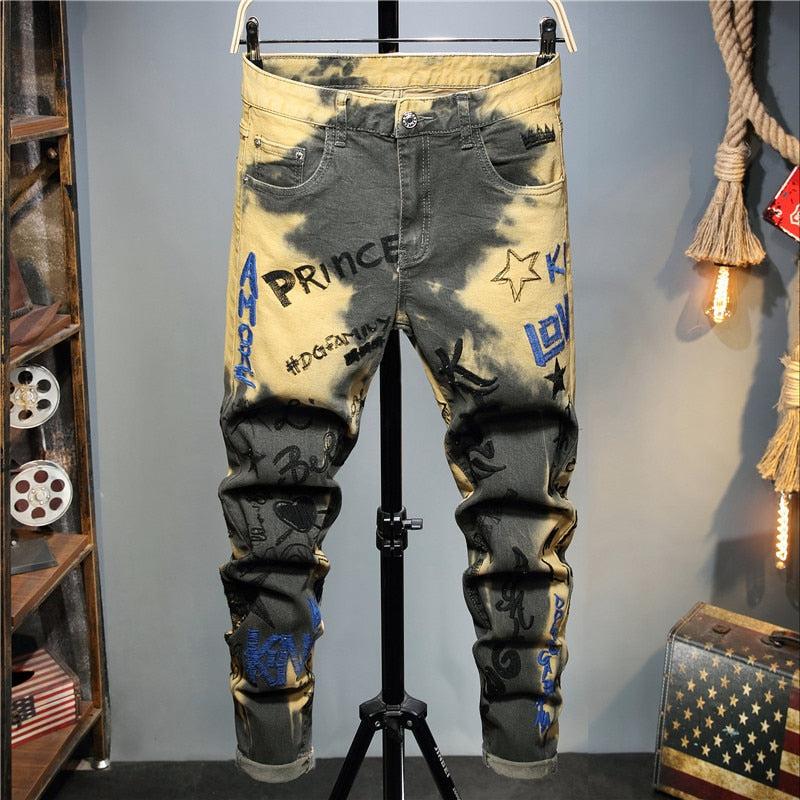 Dwukolorowe jeansy z nadrukami i napisami-Bossino