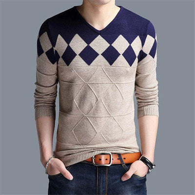 Dwukolorowy sweter męski w geometryczny wzór-Bossino