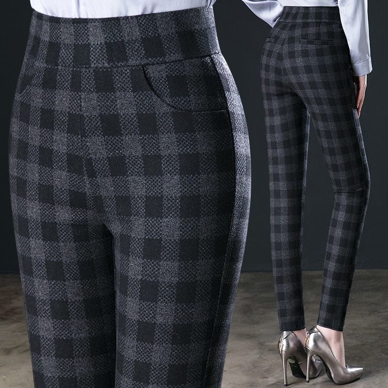 Eleganckie materiałowe damskie spodnie w kratę-Bossino
