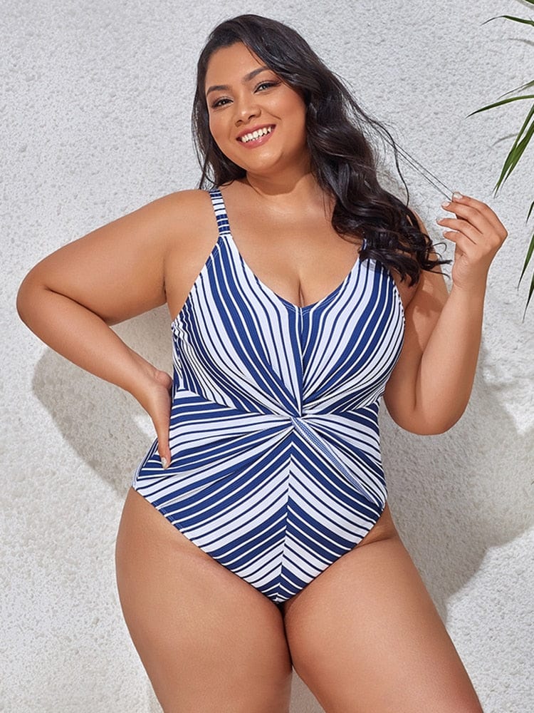 Jednoczęściowy strój kąpielowy plus size w paski-Bossino