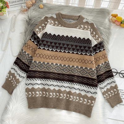 Luźny dzianinowy sweter damski we wzory-Bossino