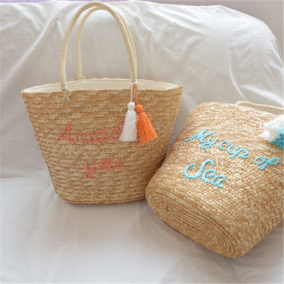 Pleciona torebka plażowa z ozdobnym napisem-Bossino