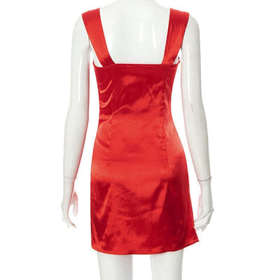 Satynowa sukienka mini z szerokimi ramiączkami-Bossino
