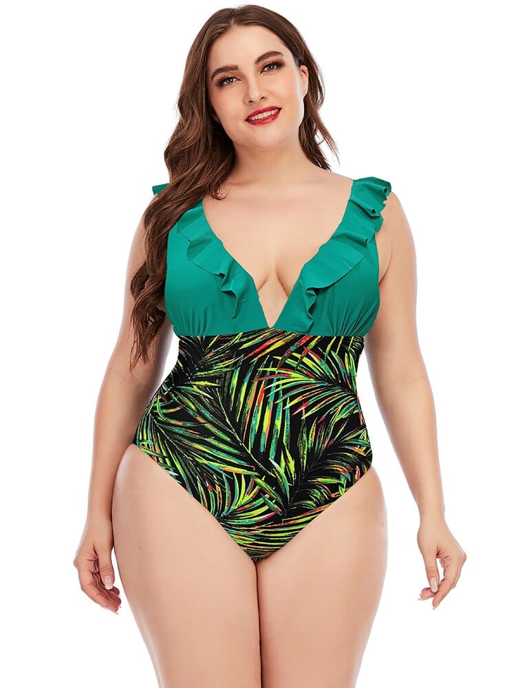 Strój kąpielowy plus size z roślinnym motywem-Bossino