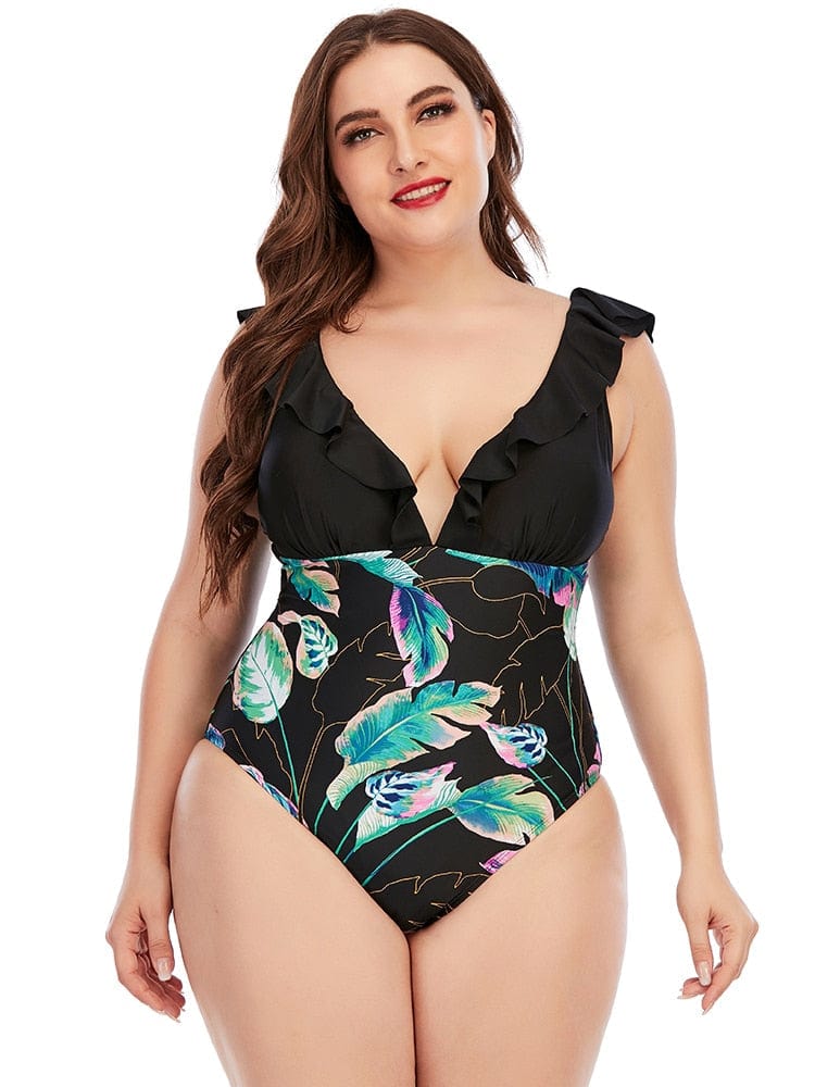Strój kąpielowy plus size z roślinnym motywem-Bossino
