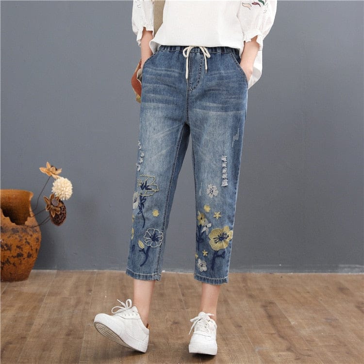 Wiązane jeansy damskie w kwiaty-Bossino