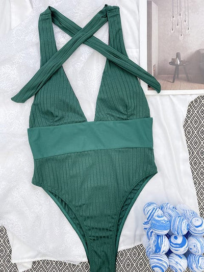 Zielony strój kąpielowy jednoczęściowy z wiązaniem na szyi-Bossino