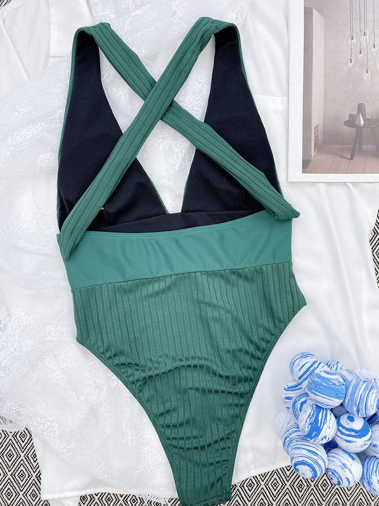 Zielony strój kąpielowy jednoczęściowy z wiązaniem na szyi-Bossino