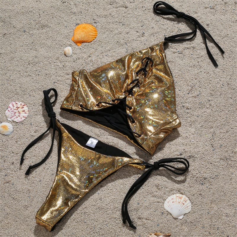 Złoty dwuczęściowy strój kąpielowy z wiązaniem-Bossino